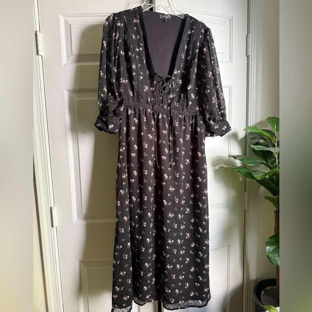 Topshop Black Floral Prairie Maxi Dress Sz 6 Whimsigoth Fairy Grunge Peasant